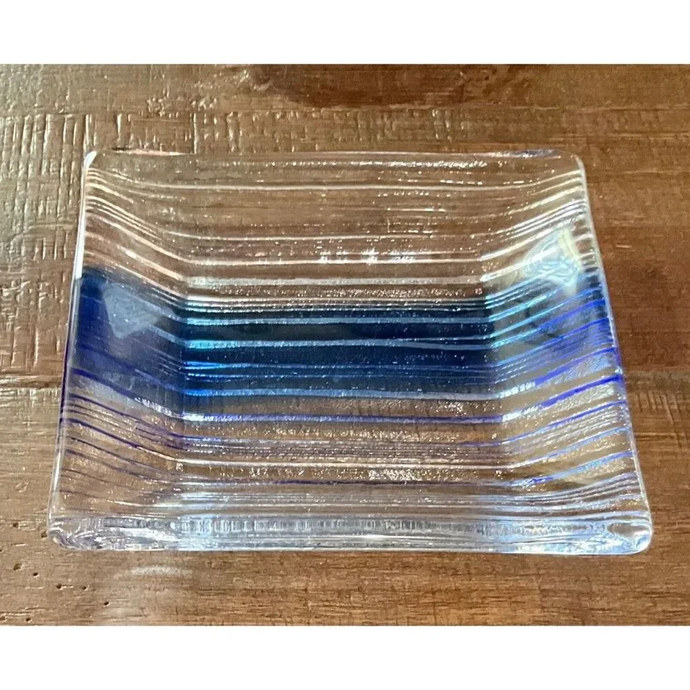 Fused Glass Blue Stripe Trinket Soap Dish Square 5.75
